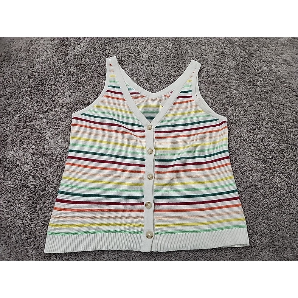 LOFT Knit Top Womens L White Multi Striped Button Front V-Neck Sleeveless